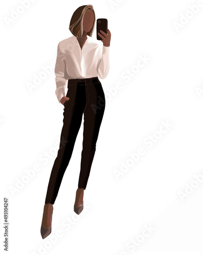 african american business woman in office clothes takes a selfie on a smartphone, woman college teacher, academy, politk, vector illustration