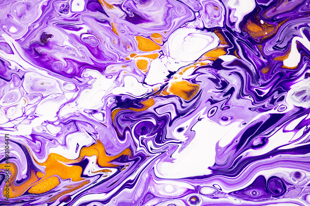 Fluid art texture. Backdrop with abstract mixing paint effect. Liquid acrylic artwork that flows and splashes. Mixed paints for background or poster. Violet, white and golden overflowing colors. Fluid art texture. Backdrop with abstract mixing paint effect. Liquid acrylic artwork that flows and splashes. Mixed paints for background or poster. Violet, white and golden overflowing colors.