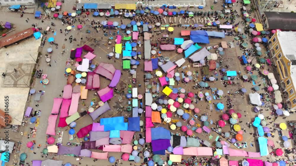 Aerial drone view flyby above the Central Market in San Juan Chamula - the authentic town in Chiapas, Mexico Aerial drone view flyby above the Central Market in San Juan Chamula - the authentic town in Chiapas, Mexico