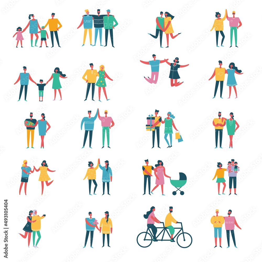 Illustration with happy cartoon couples of people. Happy friends, parents, lovers on date, hugging, dancing, couples with kids. Vector illustration isolated Illustration with happy cartoon couples of people. Happy friends, parents, lovers on date, hugging, dancing, couples with kids. Vector illustration isolated