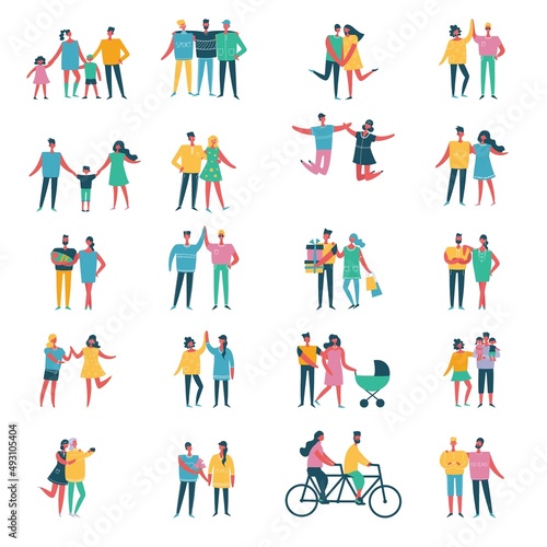 Illustration with happy cartoon couples of people. Happy friends, parents, lovers on date, hugging, dancing, couples with kids. Vector illustration isolated