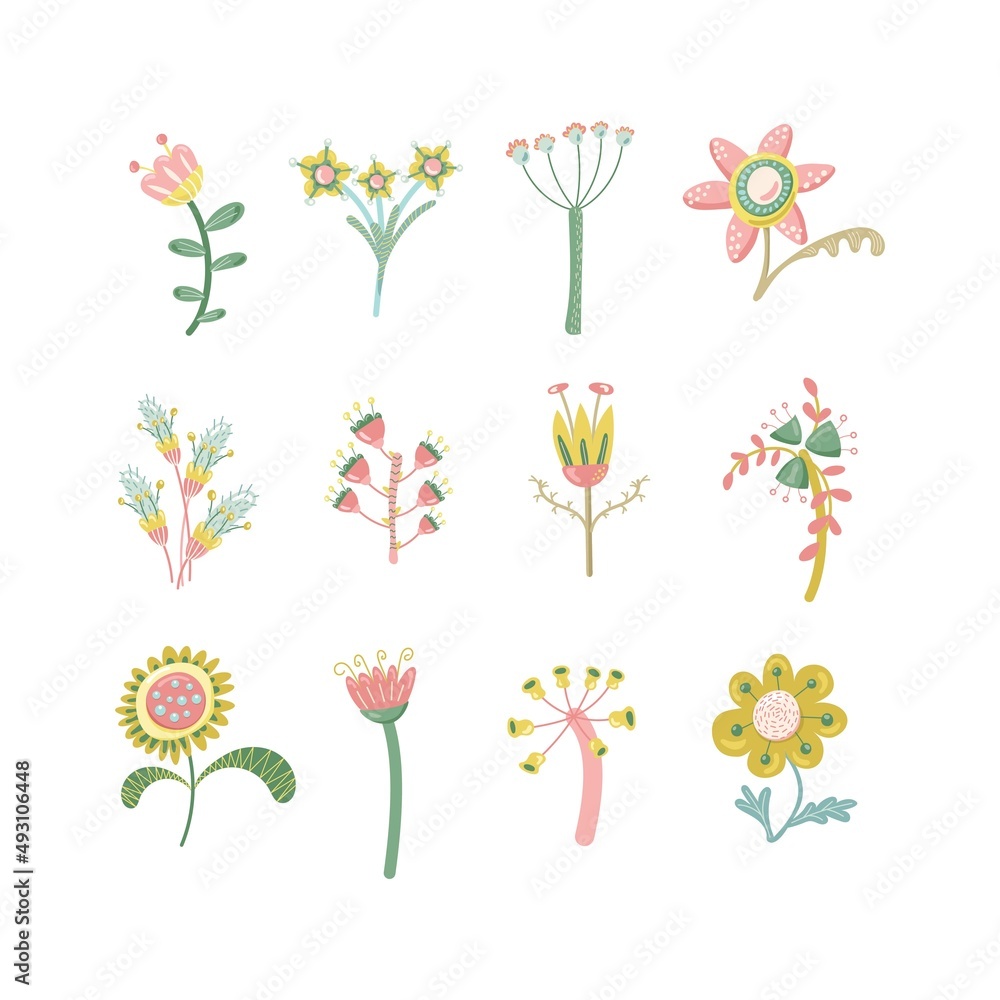 Bouquet maker - different flowers vector elements. Colored bouquet. Collection of various bright flowers isolated on a white background.  Flat design. Vector illustration.