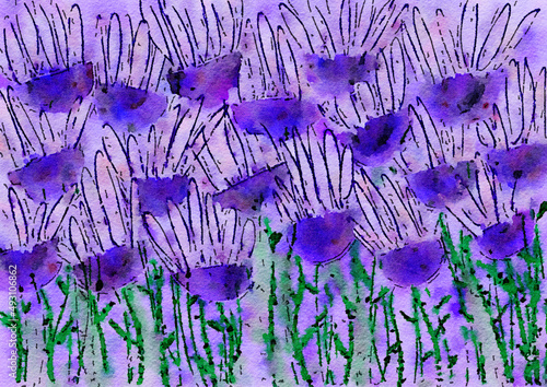 Wallpaper Mural lavendar field of flowers illustration, handpainted floral image