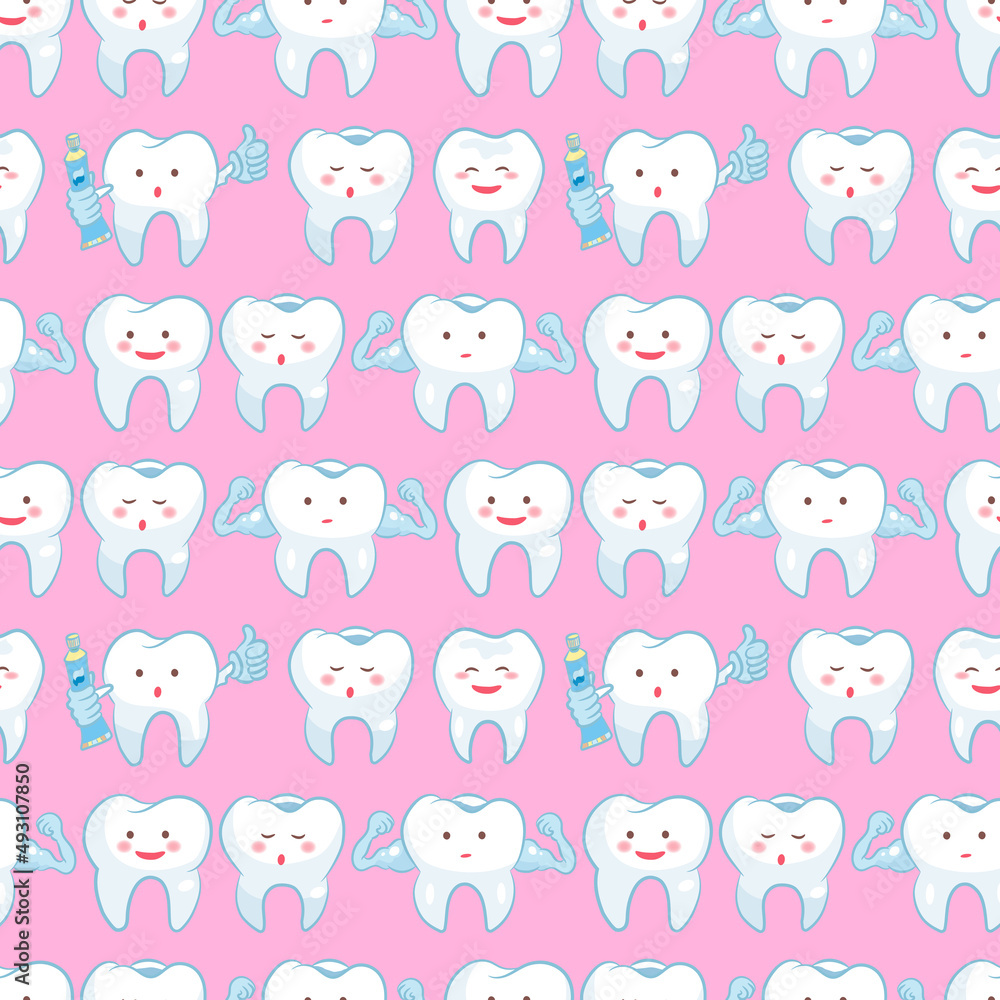 teeth, doodle style seamless pattern, pediatric dentistry, pink cute teeth, cartoon images of white teeth, seamless pattern on a pink background