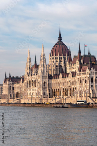 view from the Danube river to the beautiful Gothic building of the Hungarian Parliament as a symbol of the Hungarian capital