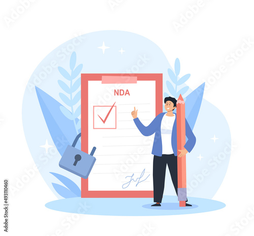 Man with document. Character with pen stands against background of large sheet. Successful negotiations and safety on Internet. Businessman agreed with investors. Cartoon flat vector illustration