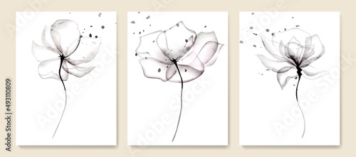 Black and white art background with transparent x-ray rose flowers. Minimalistic botanical watercolor poster set for packaging design, interior decor, wallpaper