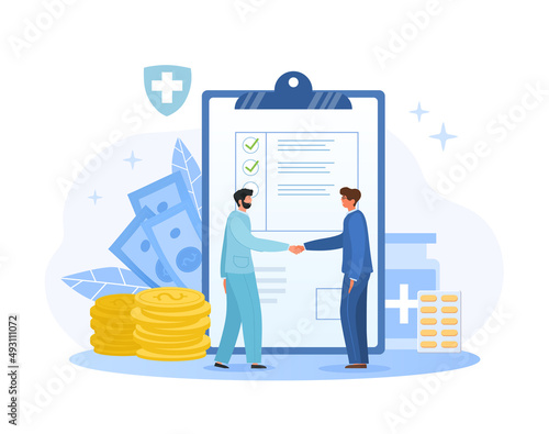 Health insurance concept. Men enter into contract, health care. Mandatory documents, protection and medicine. Poster or banner for website, agent and client. Cartoon flat vector illustration