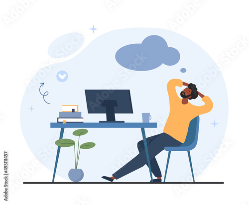 Man relaxing at workplace. Guy sleeping or dreaming, freelancer or lazy employee. Rest and recuperation, emotional exhaustion and overworked manager. Tempolate. Cartoon flat vector illustration