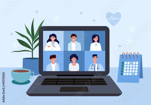 Medical consultation concept. Online conference or video call, internet and social networks. Digital world and modern technologies. Remote examination and diagnosis. Cartoon flat vector illustration