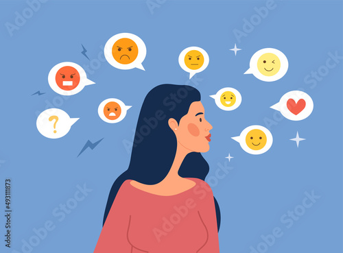 Mood swing concept. Young girl surrounded by emoji, icons for social networks. Woman suffers from hormones and mood swings. Joy and sadness, peace and anger. Cartoon flat vector illustration