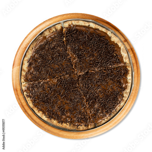 Brazilian brigadeiro pizza with grinded chocolate isolated over white background photo