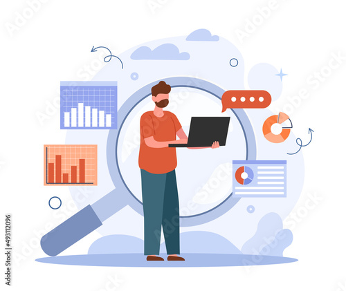 Online guides concept. Man with laptop looking for information about an organization. Graphs and diagrams. SEO website optimization and page promotion on Internet. Cartoon flat vector illustration