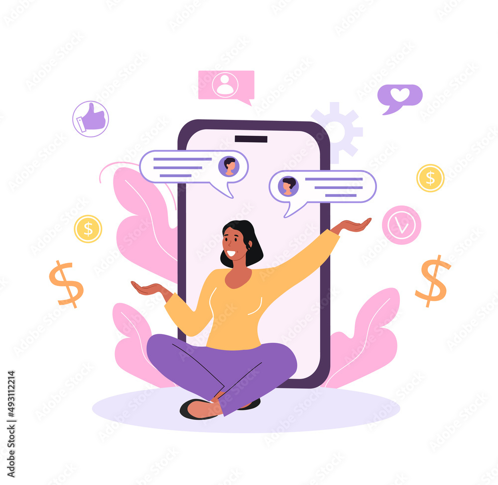 Payment transaction concept. Girl received message about successful delivery of funds. Digital world and remote transfers. Financial transactions and banking app. Cartoon flat vector illustration Payment transaction concept. Girl received message about successful delivery of funds. Digital world and remote transfers. Financial transactions and banking app. Cartoon flat vector illustration