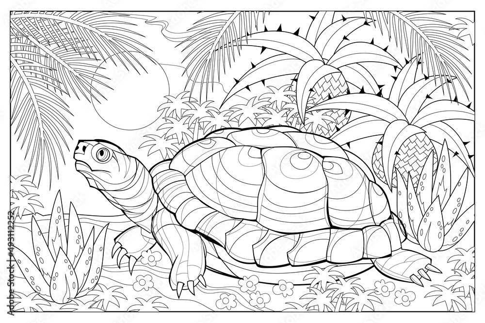 Illustration of cute turtle. Coloring book for children and adults