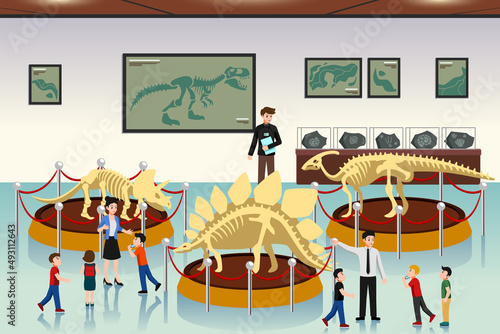 School Chidren Field Trip to Dinosaurs Museum Vector Illustration