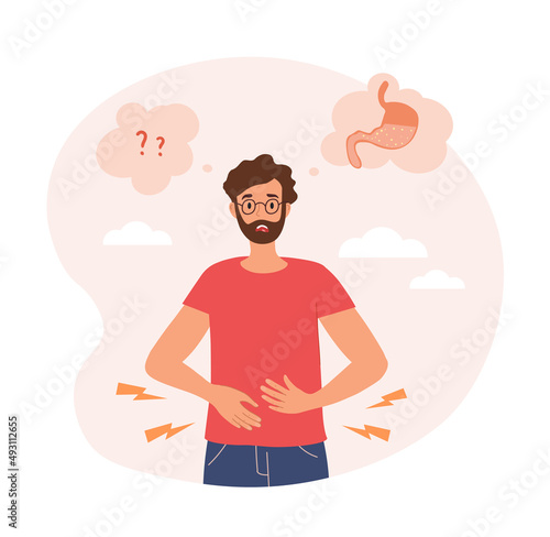 Stomach ache concept. Medical posters and banners. Character was poisoned, consequences of malnutrition and unhealthy lifestyle. Spasms and suffering in man. Cartoon flat vector illustration