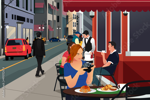 Food Blogger Taking Pictures of the Food in a Restaurant Vector Illustration