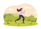 Woman training at park. Young girl goes in for sports, jogging and cardio training. Taking care of your health and burning fat, losing weight. Active lifestyle. Cartoon flat vector illustration