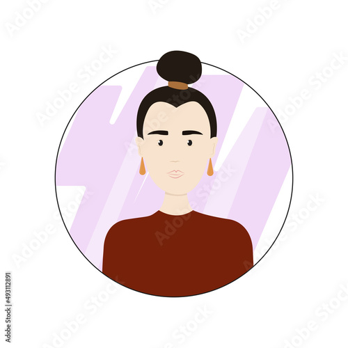 Cute girl avatar flat style, vector illustration isolated on white background. Female portrait, lilac abstraction. Woman in red clothes with a strict hairstyle
