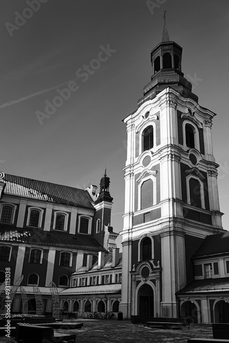 The courtyard and the historic belfry of the baroque monastic church