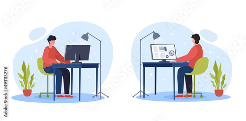 Work on computer. Programmer and freelancer, workplace employee. Modern technologies, character in office. Manager prepares annual report, young guy working. Cartoon flat vector illustration