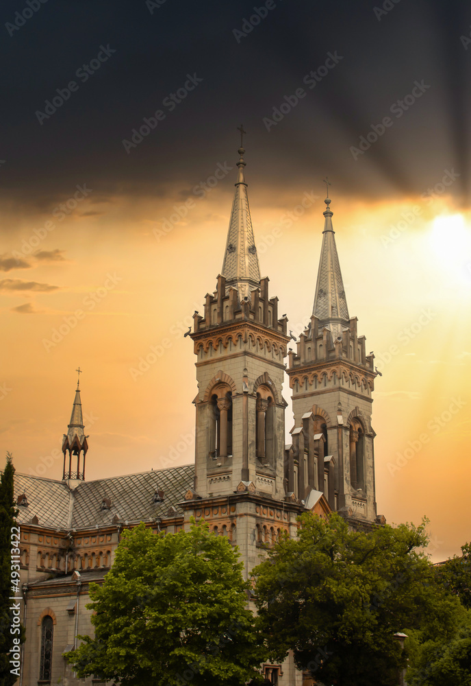 Batumi Cathedral The Mother of God,  Neo-Gothic Church in sunset, Georgia