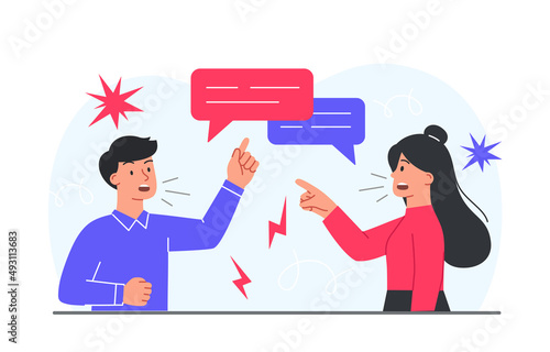 Concept of conflict. Man and girl shouting at each other, husband and wife unhappy. Aggression and inconsistency, poor communication and bad relationship, enemies. Cartoon flat vector illustration