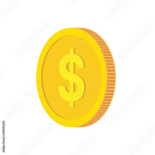Gold coin of one dollar. Isolated, flat, golden money, token
