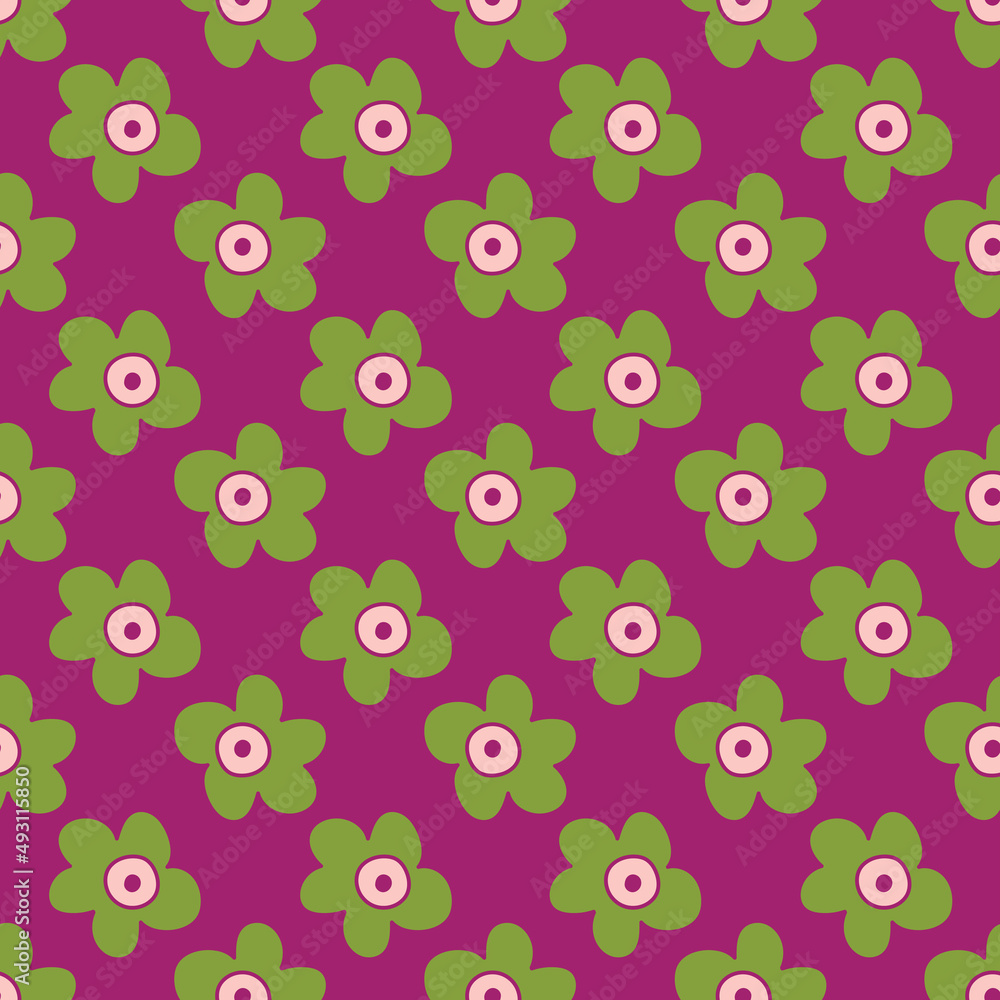 Green flowers on purple background. Seamless, repeated pattern. Green flowers on purple background. Seamless, repeated pattern.