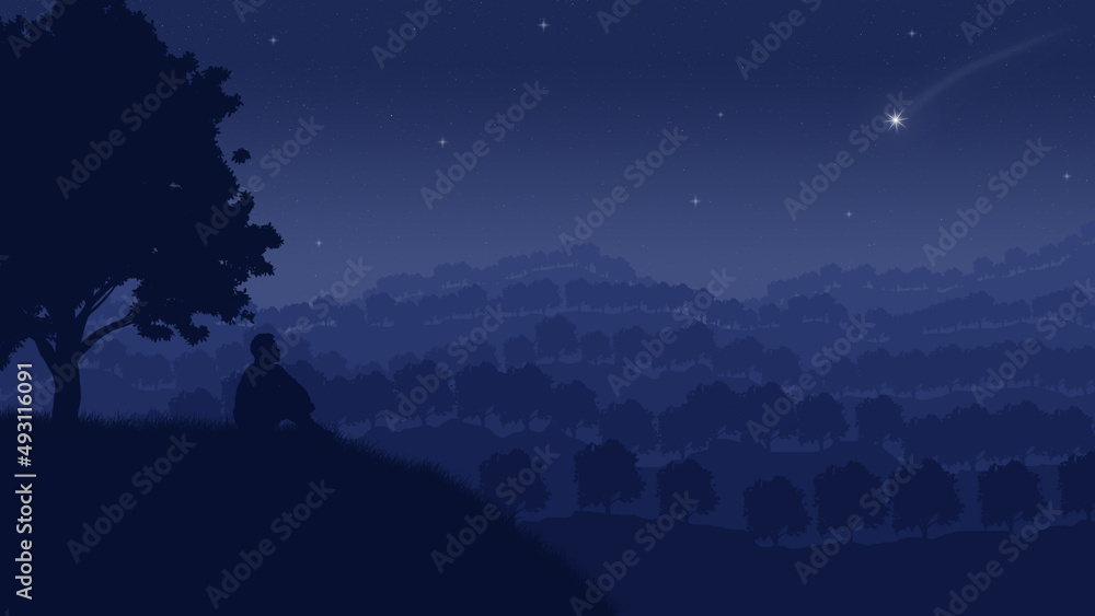 Fototapeta premium Man looks at a shooting star