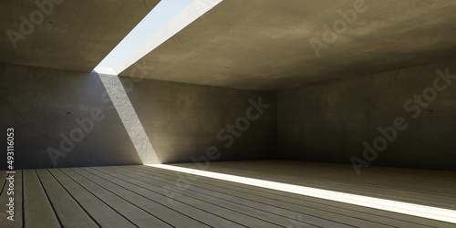 empty concrete basement interior with sky and day lighting and wood plank floor 3d render illustration