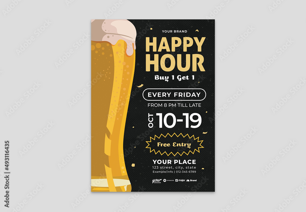 Happy Hour Beer Promotion Flyer Poster Stock Template | Adobe Stock