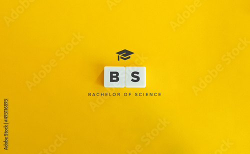 Bachelor of Science (BS) Banner. Letter Tiles on Yellow Background. Minimal Aesthetics.