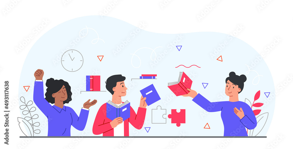 Fototapeta premium Sharing book concept. Useful hobby and friendship. Education and self development. Design for greeting cards for world literature day, international holidays. Cartoon flat vector illustration