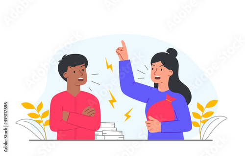 Conflict in family. Man and girl scream at each other in fear, discontent and anger. Aggression and bad relationships. Husband and wife, discussion and conversation. Cartoon flat vector illustration
