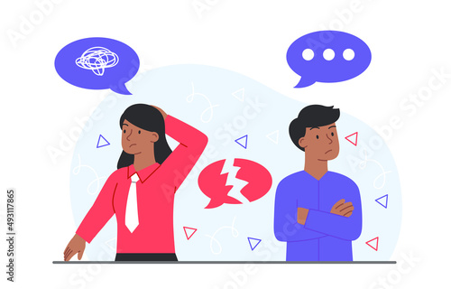 Problems in communication. Man and girl do not talk to each other. Quarrel in family, dissatisfied husband and wife. Relationship confusion, sorrow and stress. Cartoon flat vector illustration