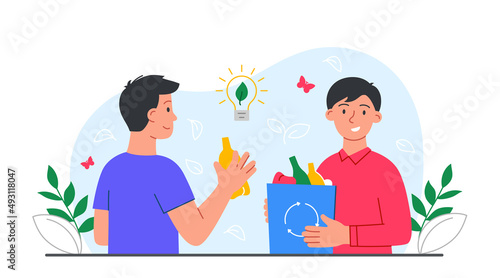 Friends picking up plastic. Men with trash can full of bottles. Caring for nature, reducing emissions of harmful substances and recycling. Eco activists, volunteers. Cartoon flat vector illustration