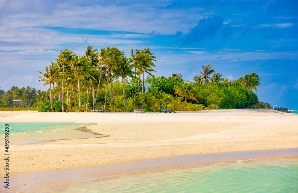 Idyllic Beach with Palm Treesat the Maldives, Indian Ocean Idyllic Beach with Palm Treesat the Maldives, Indian Ocean