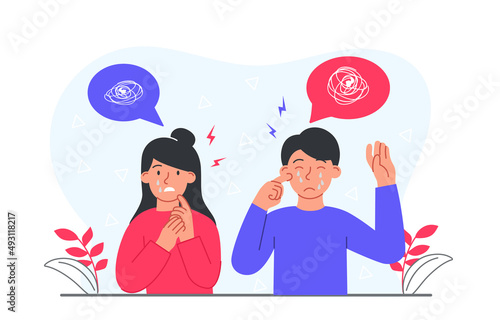 Mental disorder concept. Man and girl in tears, confused people. Mental health, psychology and internal problems. Depression playfulness, low self esteem metaphor. Cartoon flat vector illustration