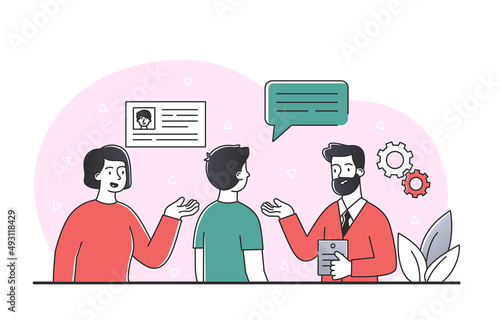 Job interview concept. Man and woman looking at candidates for vacancy. Organization looking for new employees, expanding staff. HR managers and recruitment. Cartoon flat vector illustration