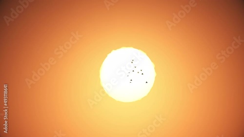 Flock of birds flying in the sky and sun heat aura effect in background with 3d rendering.