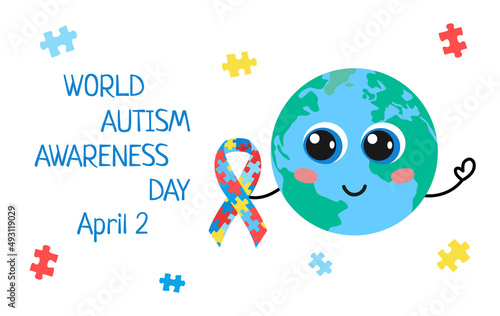 World Autism Awareness Day. Cute Earth planet holds awareness ribbon with puzzles. Vector poster, banner. April 2 Autism day text. Vector flat illustration