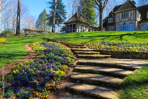 a lush green hillside with a staircase, lush green grass, colorful flowers, bare winter trees with blue sky at Gibbs Gardens in Ball Ground Georgia USA photo
