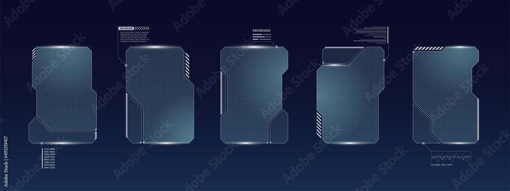 HUD digital futuristic user interface square frame set. Sci Fi high tech screens. Gaming menu touching cyber monitoring dashboard panels. Cyberspace head-up display technology information sign concept