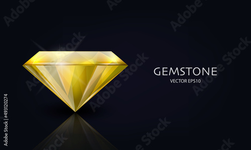 Vector Horizontal Banner with 3d Realistic YellowTransparent Gemstone, Diamond, Crystal, Rhinestones Closeup on Black. Jewerly Concept. Design Template, Clipart. Side View