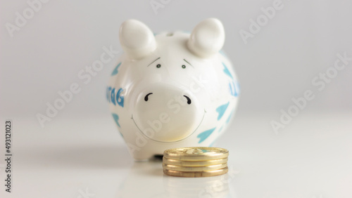 Ein Sparschwein mit BTC-Münzen im Vordergrund 