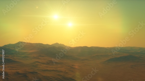 beautiful view from an exoplanet, a view from an alien planet, a computer-generated surface, a fantastic view of an unknown world, a fantasy world 3D render © ANDREI