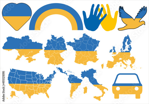 Iconos hechos con la bandera de Ucrania por la paz. 