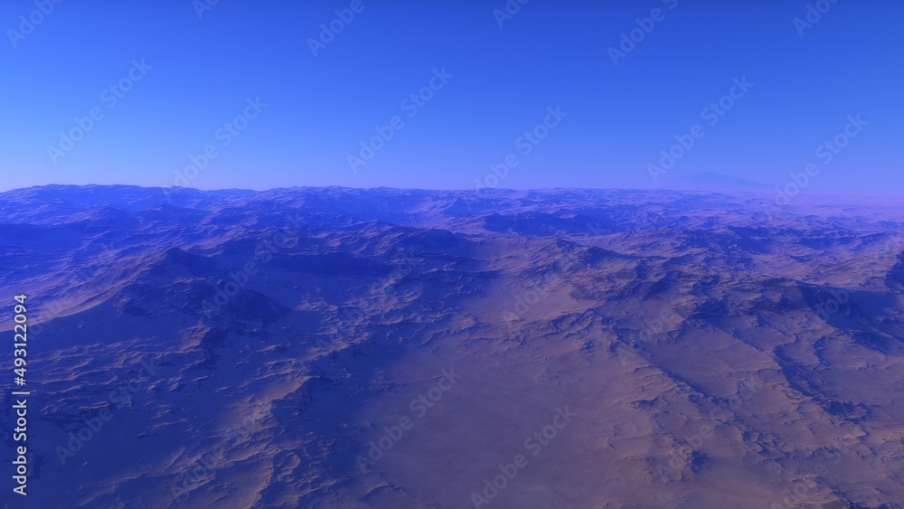 beautiful view from an exoplanet, a view from an alien planet, a computer-generated surface, a fantastic view of an unknown world, a fantasy world 3D render